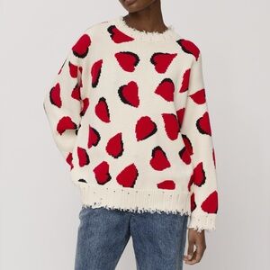 R13 Distressed Oversized Sweater in Off-White Red Heart Pattern size Medium